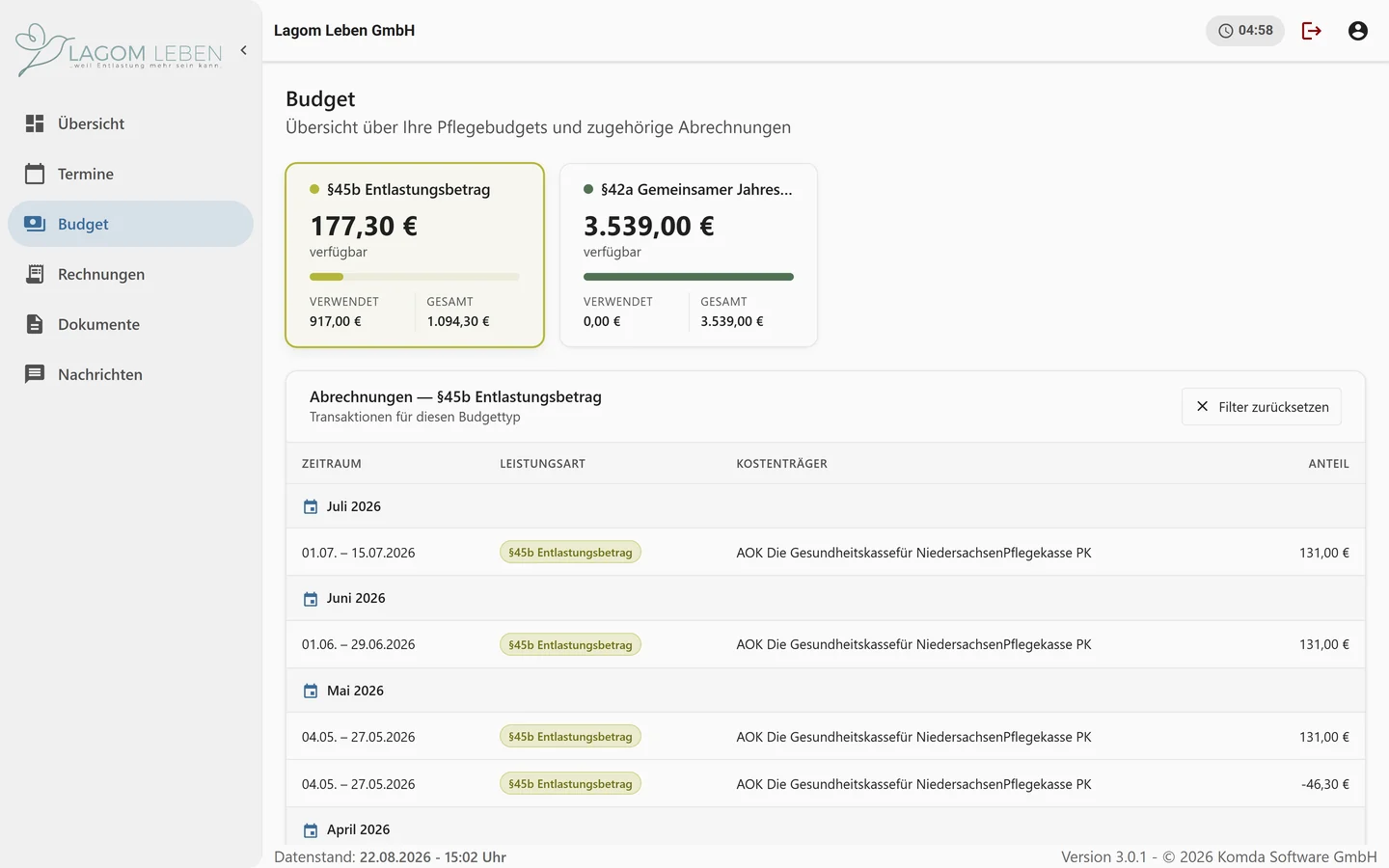Kundenportal, Ansicht Budgetstand